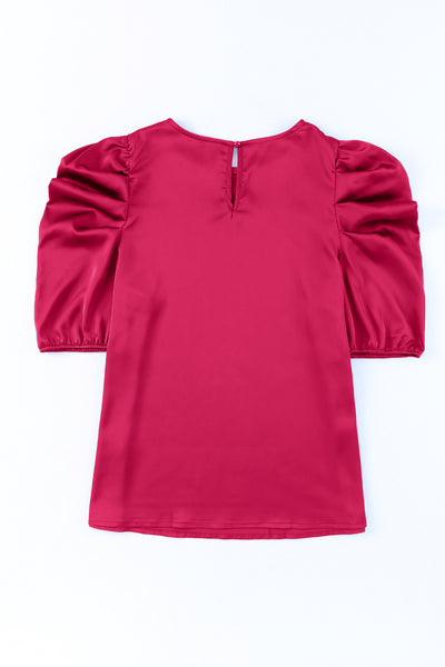 Ruched Puff Short Sleeve Satin Blouse