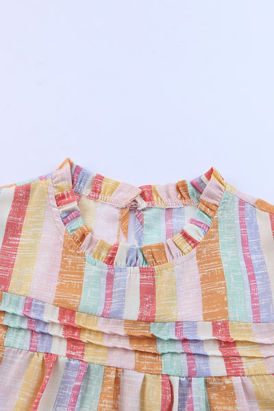 Striped Color Block Ruffled O-neck Sleeveless Top