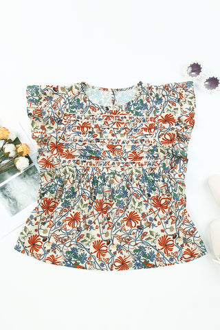 Vintage Floral Shirred Sleeveless Tank Top