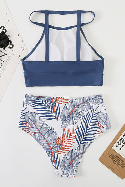 Strappy Halter Bikini Printed High Waist Swimsuit