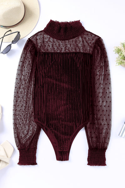 Sheer Dotty Long Sleeve Ribbed Velvet Bodysuit