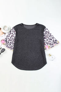 Ruffle Bell Sleeve Leopard Floral Patchwork Top