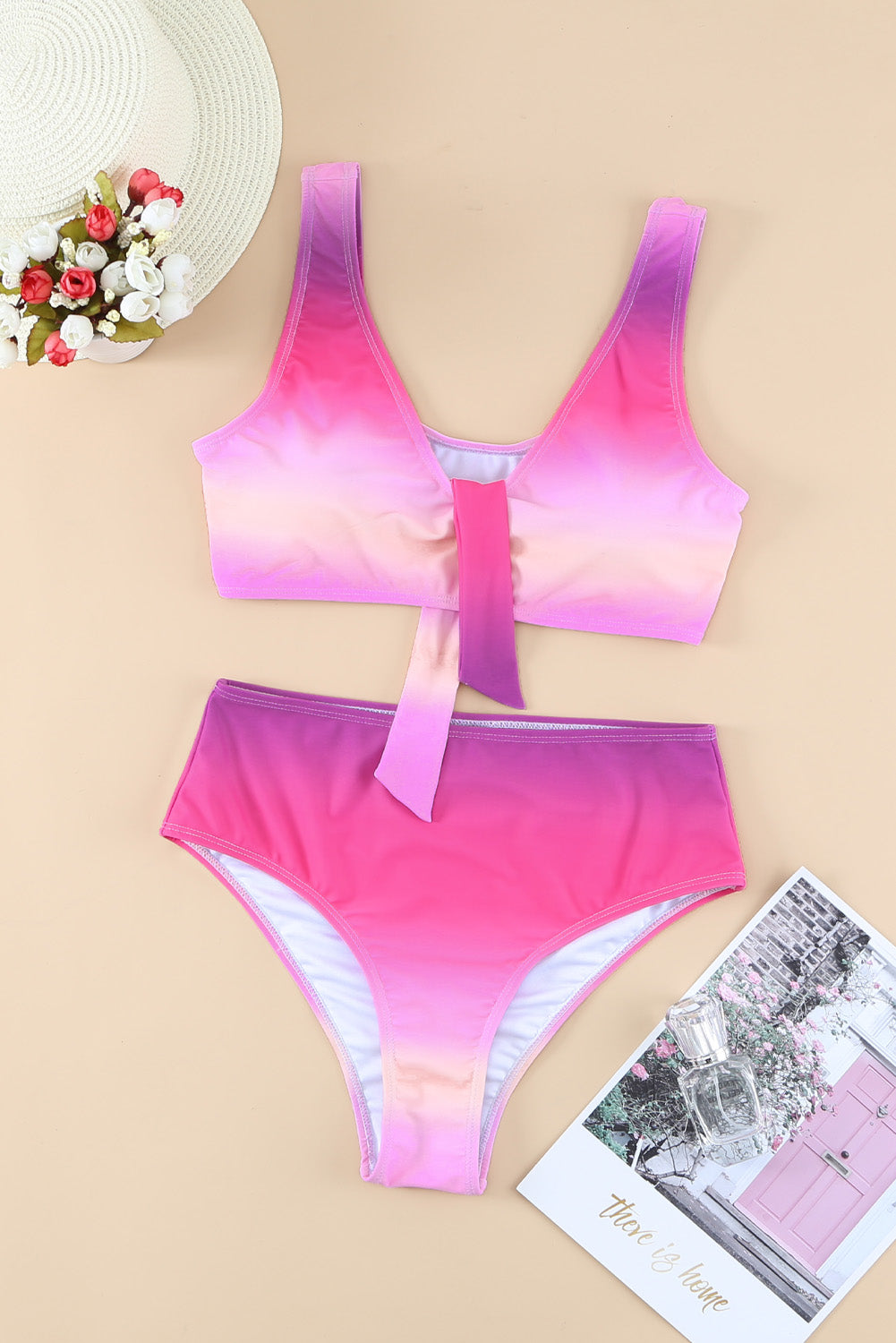 Gradient Color Knotted V Neck Bikini Swimsuit