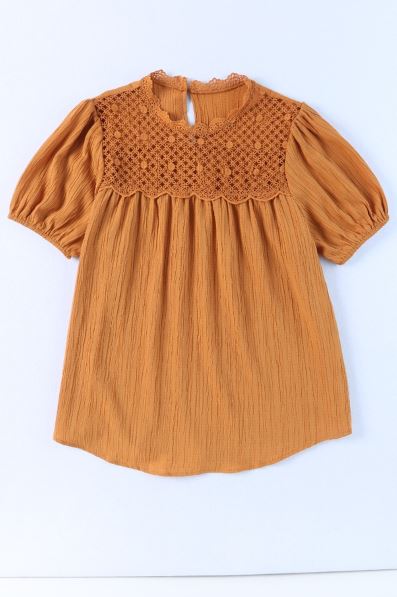 Textured Crochet Keyhole Puff Sleeve Blouse