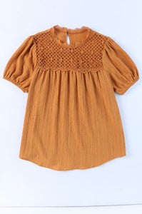 Textured Crochet Keyhole Puff Sleeve Blouse