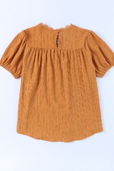 Textured Crochet Keyhole Puff Sleeve Blouse