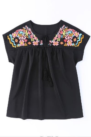 Geometric Floret Embroidered Short Sleeve Blouse