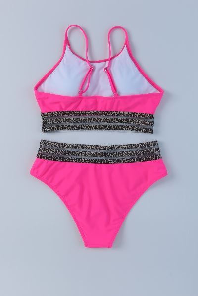 Leopard Mesh Trim 2pcs Bikini Swimsuit