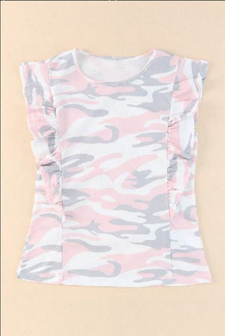 Camo Print Ruffle Trim Tank Top