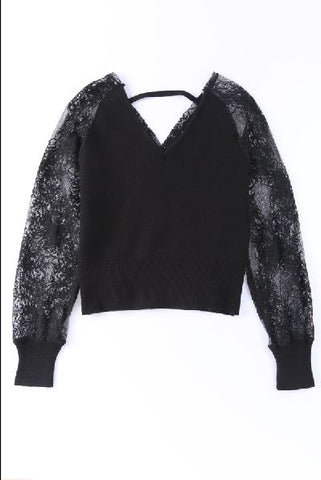 V-Neck Lace Sleeve Pullover Sweater