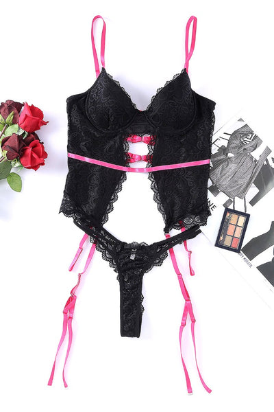 Color Block Lace Lingerie Set with Garter Belt