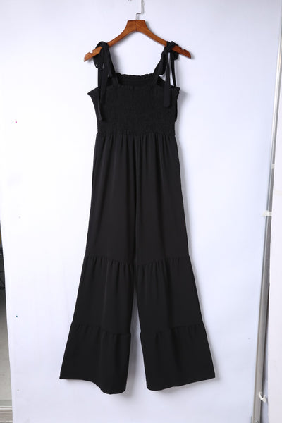 Tie Straps Shirred Bodice Tiered Wide Leg Jumpsuit