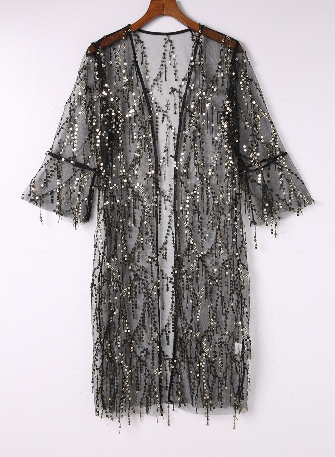 Sequin Sheer Long Sleeve Open Front Kimono