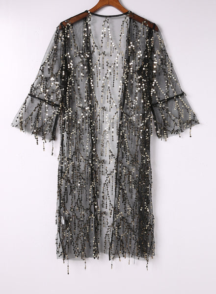 Sequin Sheer Long Sleeve Open Front Kimono