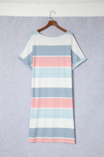 Striped Color Block Loose Fit 3/4 Sleeve Dress