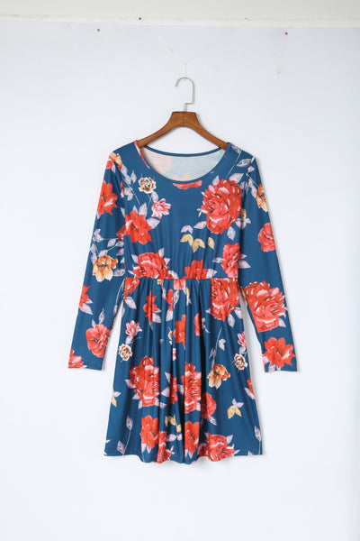 Floral Pleated Long Sleeves Dress