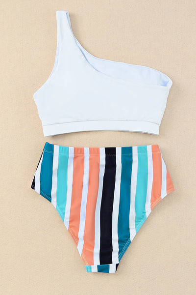 One Shoulder Striped High Waist Two Piece Swimsuit