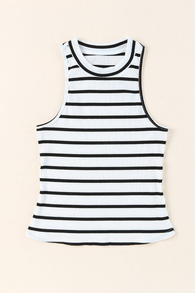 Striped Print Ribbed O-neck Sleeveless Top