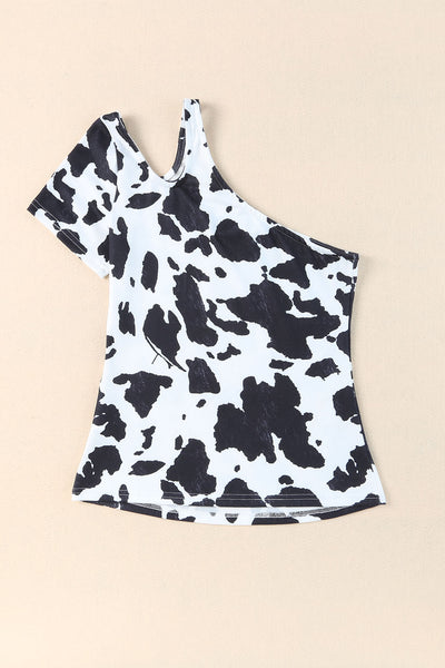 One Shoulder Cow Print Cut out Short Sleeve Top