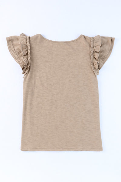 Solid Color Ruffle Sleeve Short Sleeve Top