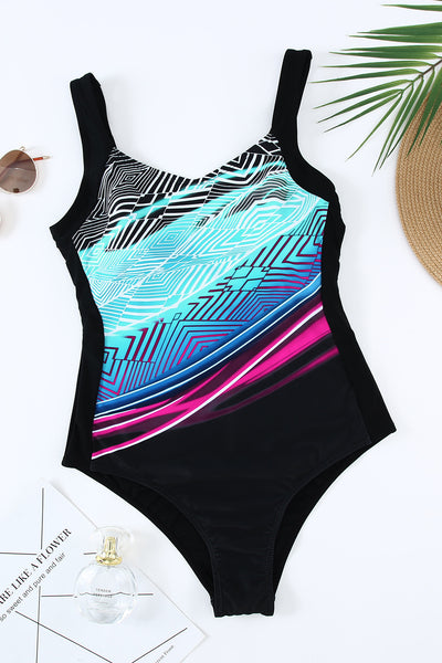 Striped Pattern Print Sleeveless Onepiece Swimsuit