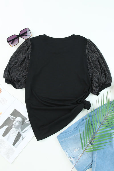 Metallic Puff Sleeve Crew Neck Top