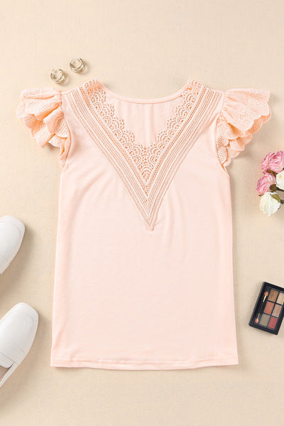 Contrast Lace Scalloped Neck Petal Sleeves Top