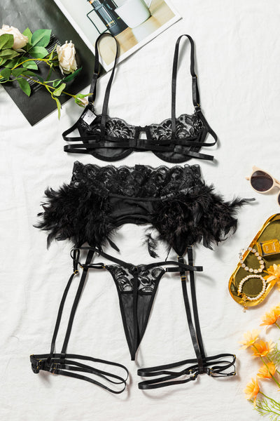 Lace Mesh Lingerie Set with Feather Garter Belt