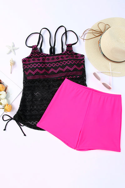 Color Block Lace Drawstring Tie Tankini Set