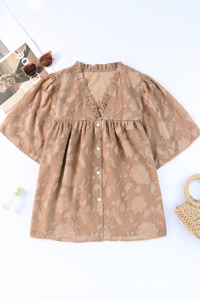 Floral Textured V Neck Buttoned Blouse