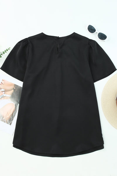 Solid Pleated Keyhole Short Sleeve T Shirt