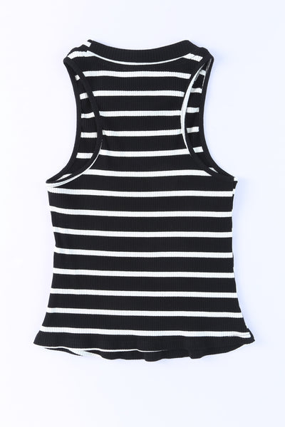 Striped Print Ribbed O-neck Sleeveless Top