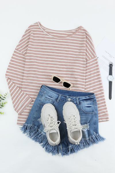 Striped Print Drop Shoulder Long Sleeve Top