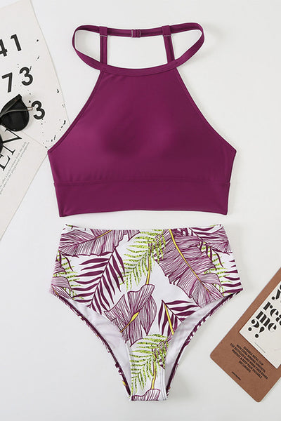 Strappy Halter Bikini Printed High Waist Swimsuit