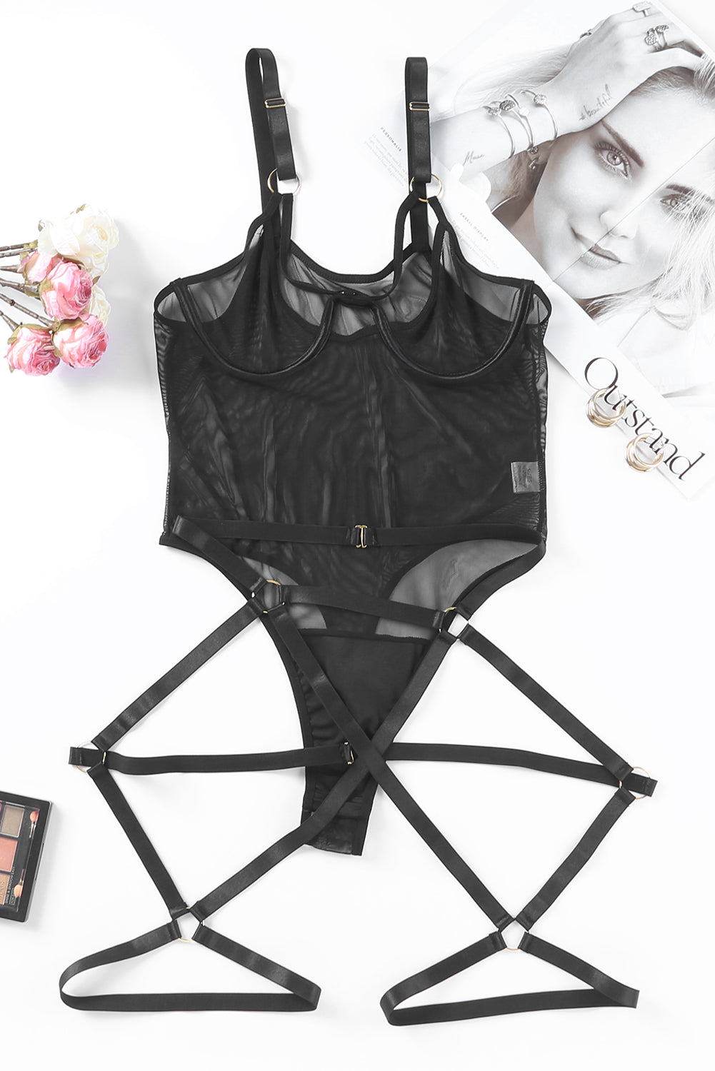 Sheer Mesh Strappy Teddy Lingerie with Garter Belt