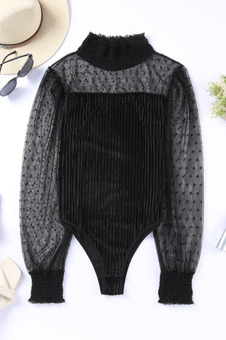 Sheer Dotty Long Sleeve Ribbed Velvet Bodysuit